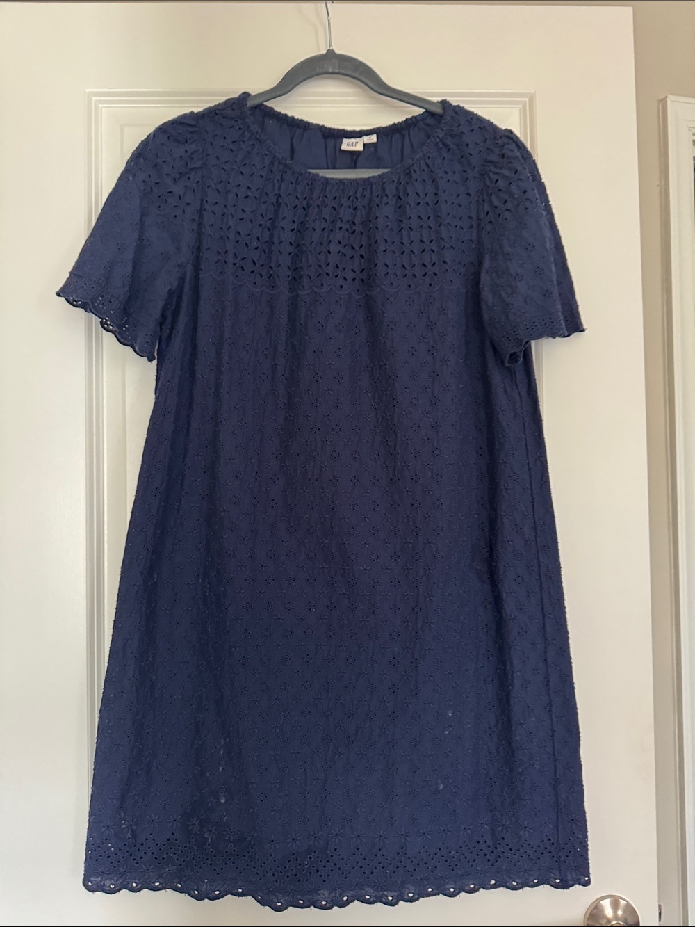 GAP Navy Eyelet Short-Sleeve Midi Shift Dress